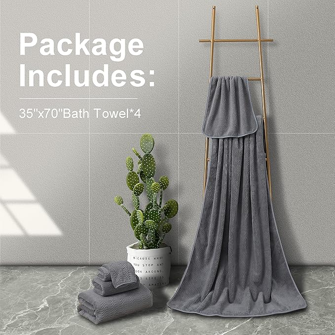 Ultra Soft Bath Towel Set of 4, Grey Extra Large Textured Microfiber Luxury Towels 35x70 in, Quick Dry, Highly Absorbent, Fluffy, Oversized, for Bathroom Shower Pool Hotel Beach