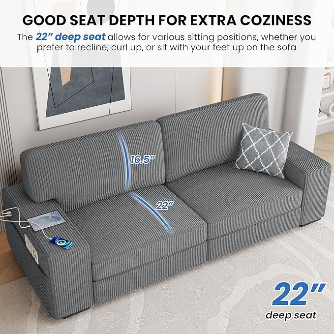 Yaheetech 83.5" W Modern Sofa Couch Corduroy Fabric Sofa with Detachable Cover, USB Charging Ports & Side Storage Pockets for Living Room Apartment, Dark Gray