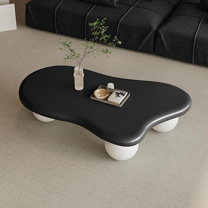 47 Inch Cloud Shaped Coffee Table with 3 Ball Legs for Living Room Black Top White Legs