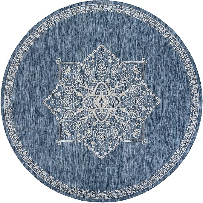 Unique Loom Outdoor Traditional Collection Area Rug - Antique (10' Round Blue/Ivory)