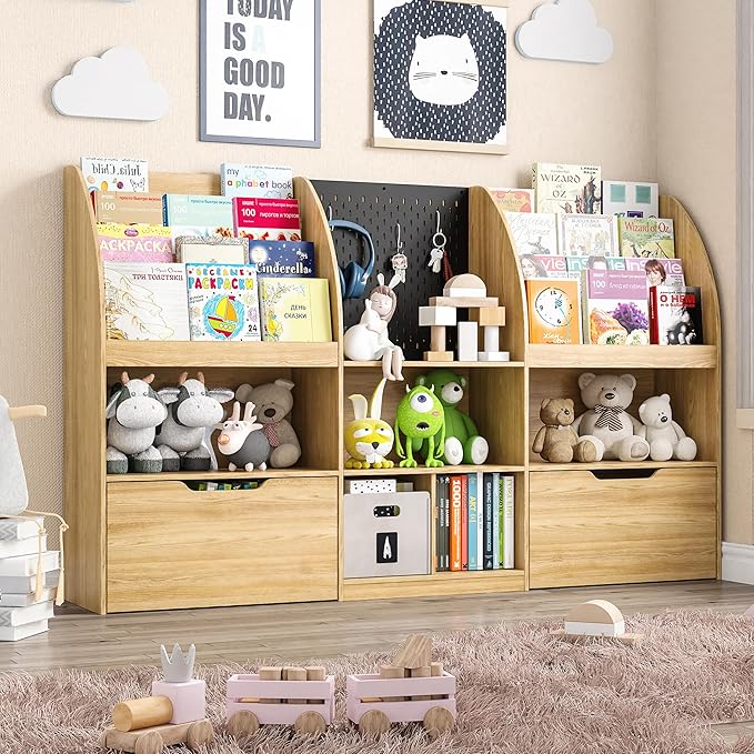 Toy Storage Organizer, Kids Book Shelf and Toy Organizer, 67" Toy Organizers and Storage with Movable Drawers, Playroom Organization and Kids Reading Nook with 5 Storage Cubbies, Natral Wood