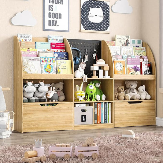 Toy Storage Organizer, Kids Book Shelf and Toy Organizer, 67" Toy Organizers and Storage with Movable Drawers, Playroom Organization and Kids Reading Nook with 5 Storage Cubbies, Natral Wood