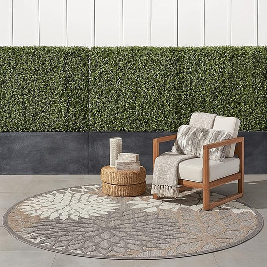 Nourison Aloha Indoor/Outdoor Area Rug 7’10”, Natural, Round Tropical Botanical Easy -Cleaning Non Shedding Bed Room Living Room Dining Room Deck Backyard Patio