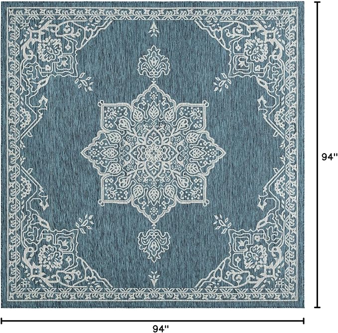 Unique Loom Outdoor Traditional Collection Area Rug - Antique (7' 10" Square Teal/Ivory)